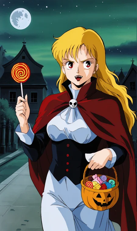 DL, 1girl, solo, retro artstyle, blonde, red eyes, vampire cloak high collar, vampire fangs, black vampire tuxedo, halloween, walking, night, stars, mist, holding candy basket, portrait, <lora:Doris Lang Pony XL:0.7>
