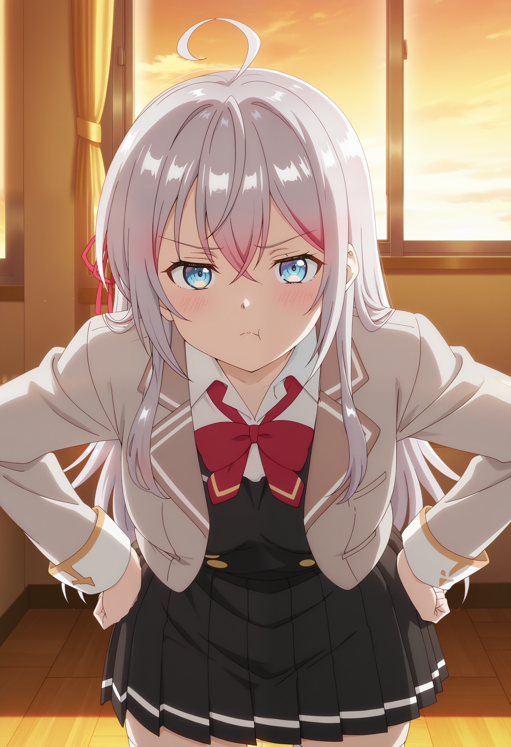 masterpiece, best quality,  absurdres, highres, 1girl, <lora:anime_screencap:1>, anime screencap, anime coloring,  <lora:alisa_mikhailovna:1>, alisa_wz, grey hair, long hair, ahoge, sidelocks, medium breasts,  blue eyes, red hair ribbon, school uniform, collared shirt, white shirt, red bowtie, black pinafore dress, pinafore dress,  grey jacket, long sleeves, black skirt, miniskirt, pleated skirt, crossed bangs, open jacket, white thighhighs, pout, looking at viewer, hands on own hips, leaning forward, light blush, indoors, classroom, window, sidelighting, sunset, looking at viewer,