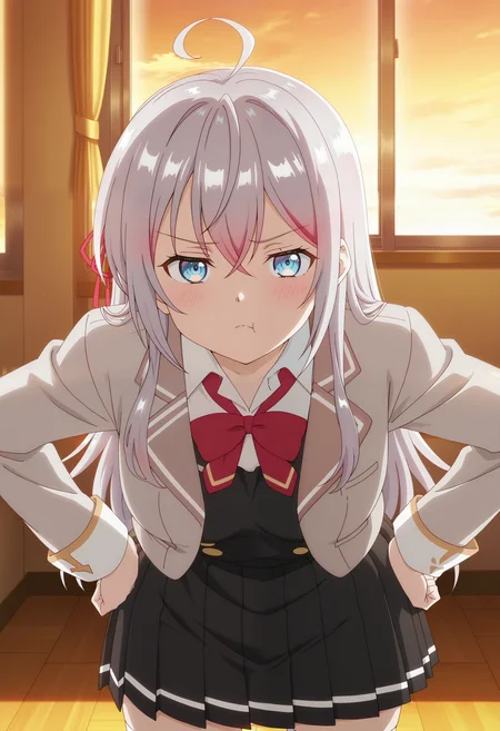 masterpiece, best quality,  absurdres, highres, 1girl, <lora:anime_screencap:1>, anime screencap, anime coloring,  <lora:alisa_mikhailovna:1>, alisa_wz, grey hair, long hair, ahoge, sidelocks, medium breasts,  blue eyes, red hair ribbon, school uniform, collared shirt, white shirt, red bowtie, black pinafore dress, pinafore dress,  grey jacket, long sleeves, black skirt, miniskirt, pleated skirt, crossed bangs, open jacket, white thighhighs, pout, looking at viewer, hands on own hips, leaning forward, light blush, indoors, classroom, window, sidelighting, sunset, looking at viewer,