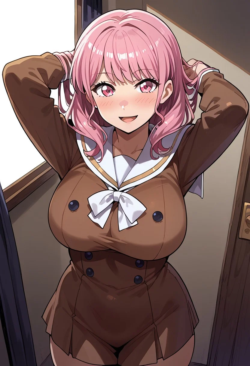 score_9, score_8_up, score_7_up, source_anime,mogudan,1girl,alone,smile,shiny_clothes,shiny_skin,five fingers,1 girl,large breast, AyaMayurama,pink hair,pink eyes,long hair,looking at viewer, hands on behind hair,blushing, open mouth, long sleeves, school uniform, sailor collar, buttons, sailor dress, white sailor collar, brown dress, pleated dress, hanasakigawa school uniform, short dress,easynegative,