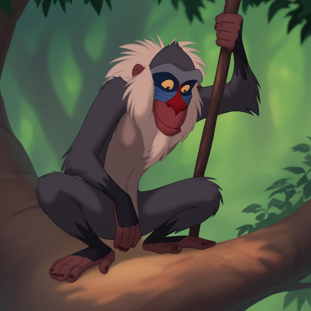 score_9, score_8_up, score_7_up, score_6_up, score_5_up, score_4_up, source_furry, rafikiLK, semi-anthro, male, primate, monkey, grey fur, white hair, black eyes, yellow sclera,  forest,squatting, on a tree branch