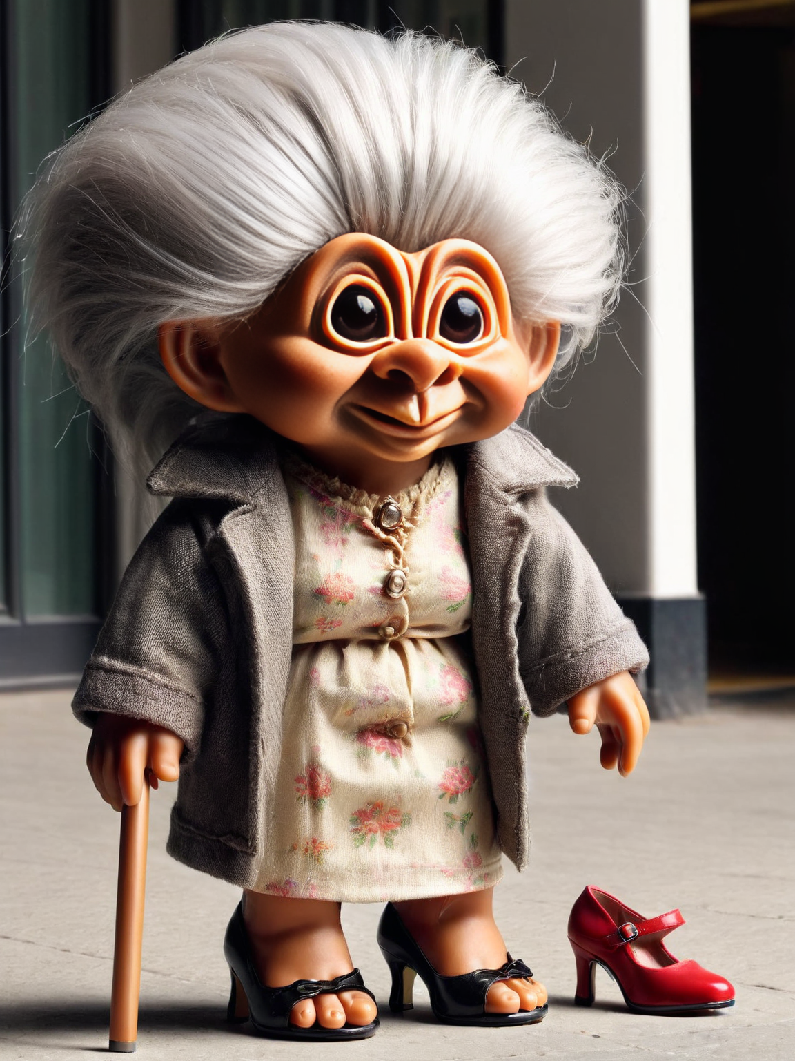 ais-trollz old lady, looking angry, standing outside the post office, wearing high heels <lora:Trollz_2:1>