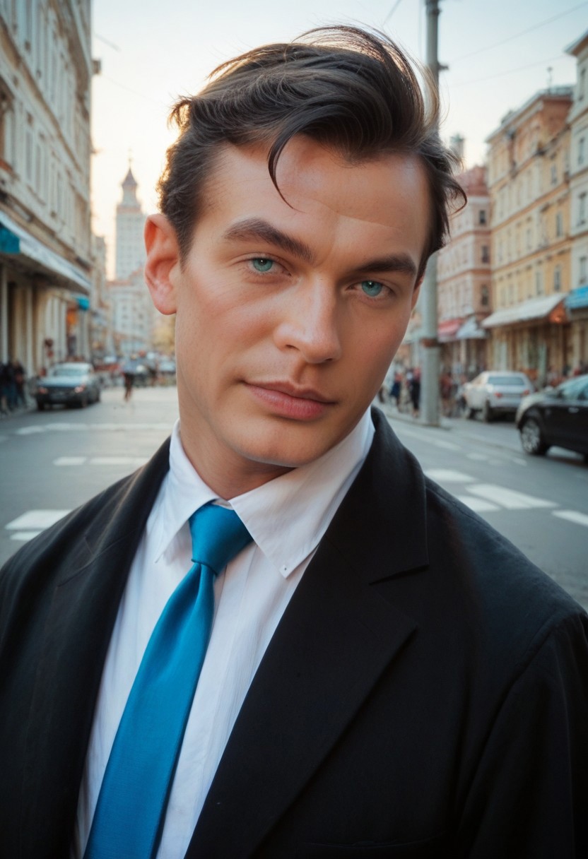 score_8, score_8_up, score_7_up, realistic, photo (medium), 1boy, solo, male focus,  DE007, black hair, asymmetrical hair, mature male, asymmetrical hair, asymmetrical bangs, single bang, aqua eyes, from side, upper body, suit, formal, black jacket, open jacket, white shirt, black vest, blue necktie, necktie, outdoors, russia background, city, street,