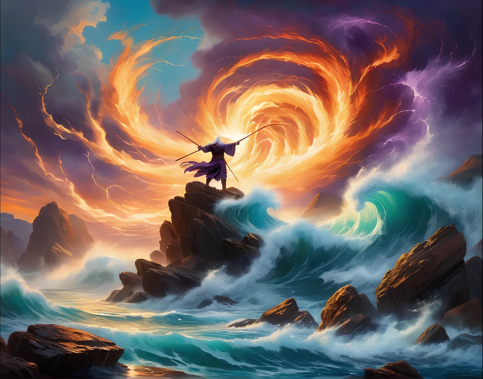 an ancient master of the elemental arts in the distance performing his craft with his arms raised, Perfect Hands, extremely long streaming silver hair, (from behind:1.2), (water racing by:1.5), (the world is on fire:1.2), (huge whirlwinds lifting giant rocks in the sky:1.9), cyan to purple gradient background, neoclassicistic painting, bright lighting, best quality, masterpiece, extremely detailed, 8K <lora:add-detail-xl:2> <lora:Perfect Hands:1>