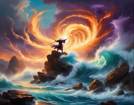 an ancient master of the elemental arts in the distance performing his craft with his arms raised, Perfect Hands, extremely long streaming silver hair, (from behind:1.2), (water racing by:1.5), (the world is on fire:1.2), (huge whirlwinds lifting giant rocks in the sky:1.9), cyan to purple gradient background, neoclassicistic painting, bright lighting, best quality, masterpiece, extremely detailed, 8K <lora:add-detail-xl:2> <lora:Perfect Hands:1>