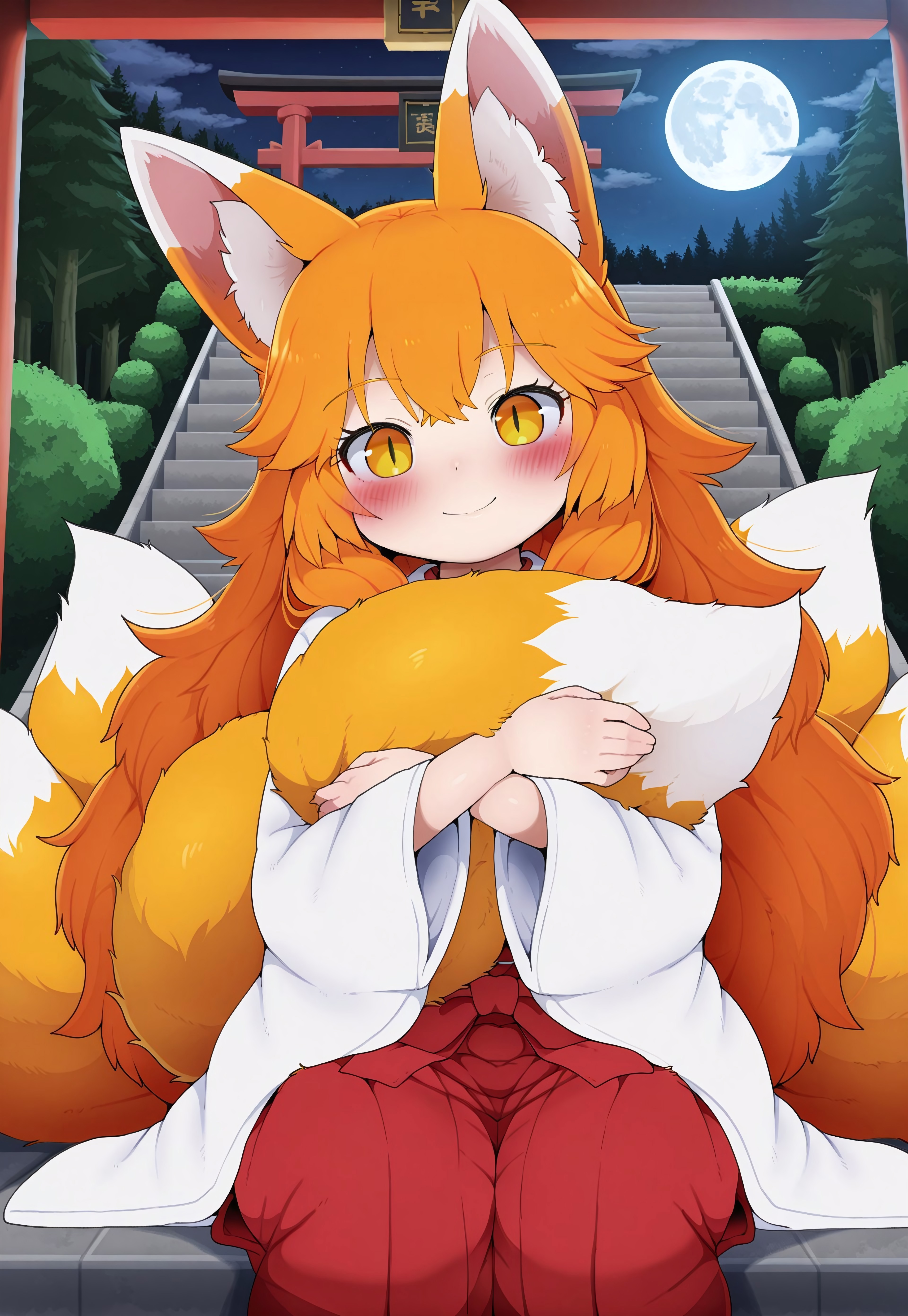 Dagashi_(Daga2626), 1girl, orange hair, long hair, big hair, fluffy hair, slit pupils, masterpiece, best quality, absurdres, cute, kawaii,
(kitsune, kyuubi, multiple tails, fox tail), fox girl, fox ears, fluffy tail,
japanese clothes, kimono, hakama skirt,
outdoors, night, moon, store stairs, torii gate, forest,
solo, sitting on stairs, cowboy shot, (hugging own tail), smile,
intricate, highly detailed, majestic
