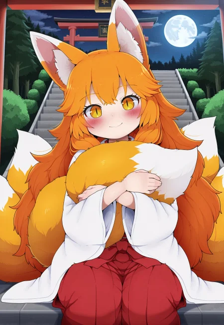 Dagashi_(Daga2626), 1girl, orange hair, long hair, big hair, fluffy hair, slit pupils, masterpiece, best quality, absurdres, cute, kawaii,
(kitsune, kyuubi, multiple tails, fox tail), fox girl, fox ears, fluffy tail,
japanese clothes, kimono, hakama skirt,
outdoors, night, moon, store stairs, torii gate, forest,
solo, sitting on stairs, cowboy shot, (hugging own tail), smile,
intricate, highly detailed, majestic