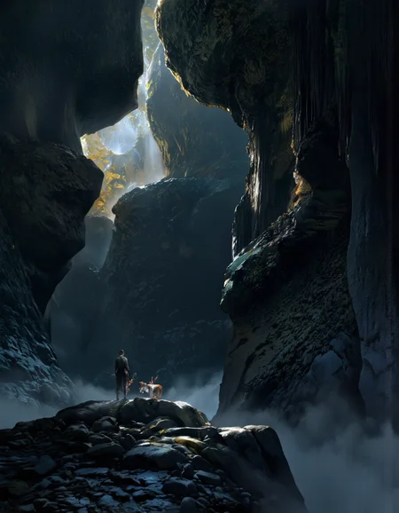 Art by Zhang Jing. A digital illustration shoot from a low angle about a dramatic scene inside a cave with a mystical atmosphere, featuring a man and his dog standing on a rocky ledge in the middle of the cave. the cave is dimly lit, with a large, glowing window at the top, casting a soft, ethereal light that illuminates the scene. the man, who appears to be in his mid-twenties, is standing with his back to the viewer, looking out into the distance with a contemplative expression, while his dog, a medium-sized breed, stands beside him, looking up at him with its ears perked up. the scene is filled with various textures and colors, including dark, rocky walls and stalactites, creating a sense of depth and mystery. the overall atmosphere is one of awe and wonder, with the man's presence commanding attention and the dog's presence adding to the sense of companionship.