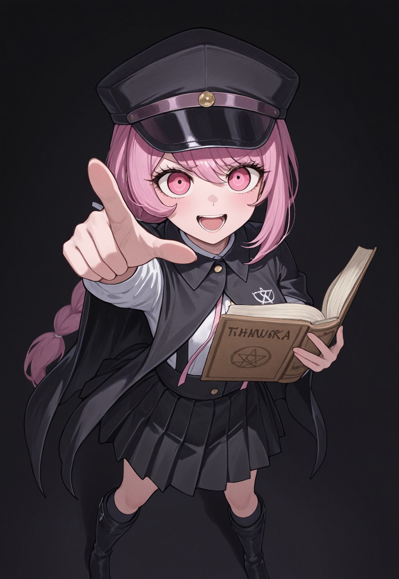 masterpiece, best quality, amazing quality, very aesthetic, absurdres, TNTsurukoSemba
1girl, pink eyes, pink hair, long braided ponytail, black hat, white collared shirt, pink neck ribbon, black collared cape, black suspender skirt, black socks, kneehighs, black knee boots, standing, holding book, open book, umbrakinesis, looking at viewer, pointing at viewer, perspective, dynamic pose, simple background, dark background, laughing, purple aura