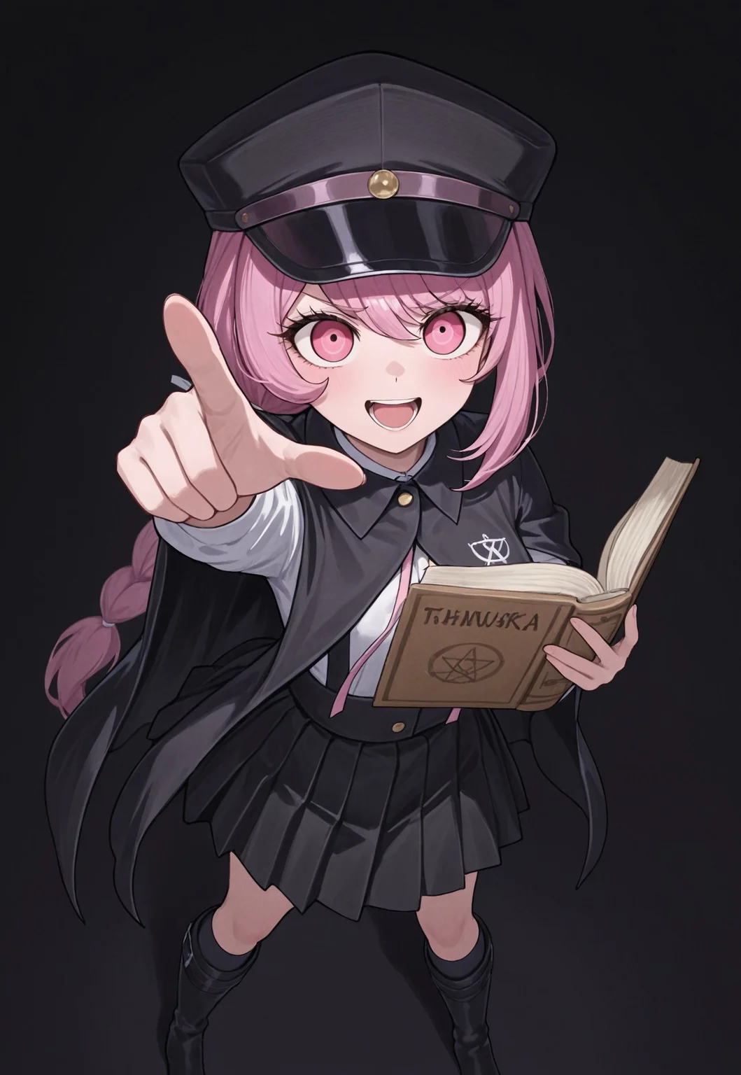 masterpiece, best quality, amazing quality, very aesthetic, absurdres, TNTsurukoSemba
1girl, pink eyes, pink hair, long braided ponytail, black hat, white collared shirt, pink neck ribbon, black collared cape, black suspender skirt, black socks, kneehighs, black knee boots, standing, holding book, open book, umbrakinesis, looking at viewer, pointing at viewer, perspective, dynamic pose, simple background, dark background, laughing, purple aura