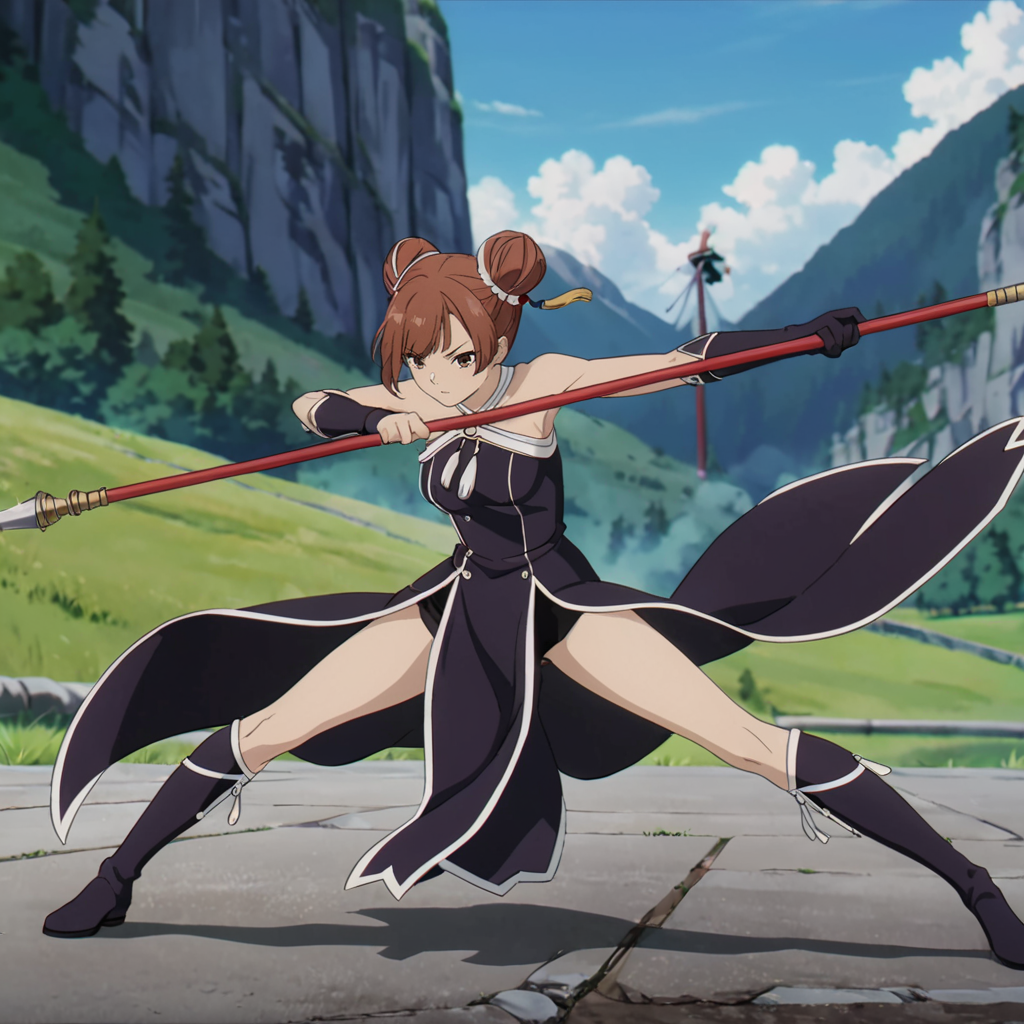 <lora:LaufenXL002>,<lora:DetailedEyes_V3:1.6>,
solo,
anime screencap,
Laufen,1girl,brown hair,double bun,brown eyes,hair_ornament,
black dress,bare shoulders,
gloves,
pelvic curtain,
boots,
fighting_stance,holding polearm,nature,energy pole arm,