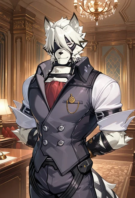 masterpiece, best quality, amazing quality, very aesthetic, absurdres, newest, high quality, detailed, male, solo male, Von Lycaon, 1boy, mature male, male, athletic build, anthro, wolf, animal ears, white fur, red eyes, white hair, black tipped bangs and ears, broad shoulders, white dress shirt, grey collared vest, rolled up sleeves, black belts around forearms, dark grey slacks, black fingerless gloves, gold rings, gold pocket watch, eyepatch over right eye, standing, half body, looking at viewer, smiling, arms behind back, gentleman, butler, indoors, lavish room, office, volumetric lighting