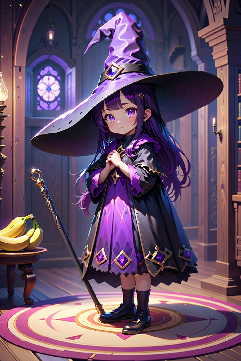 4 years old witch girl, standing, living room, (magic circle on the floor:1.3), side view, long dark purple hair, purple eyes, vertical pupils, big black witch hat, magic staff, banana on the floor,