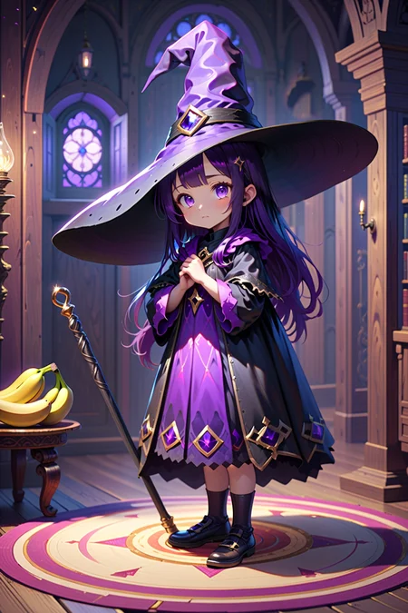4 years old witch girl, standing, living room, (magic circle on the floor:1.3), side view, long dark purple hair, purple eyes, vertical pupils, big black witch hat, magic staff, banana on the floor,