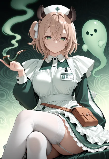 masterpiece, best quality, 1girl, solo, green eyes, light brown hair, medium hair, crossed bangs, one side up, hair ribbon, white ribbon, animal ears, white hat, collared dress, green dress, long sleeves, frilled apron, id card, satchel, pocket, garter straps, white thighhighs, sitting, crossed legs, invisible chair, abstract background, green ghost, holding smoking pipe, looking at viewer, smile, dutch angle, <lora:ChamNimiNightmareV2Noob:1>