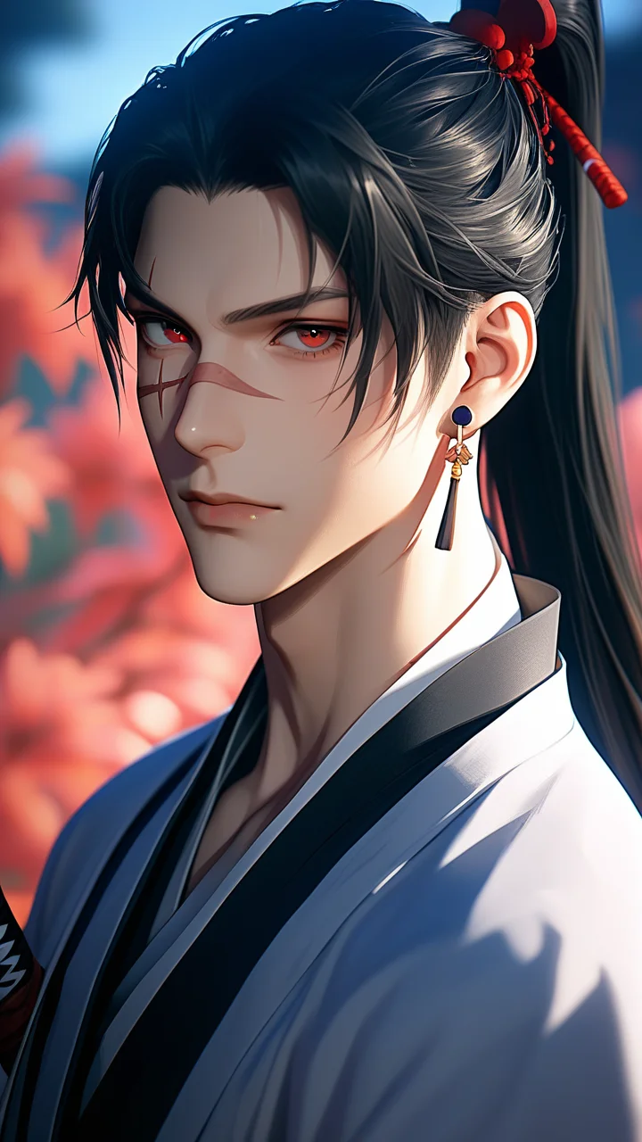 score_9, score_8_up, score_7_up, i want the whole image to be created in 3D anime style, solo, long hair, looking at viewer, black hair, red eyes, 1boy, jewelry, closed mouth, upper body, ponytail, weapon, male focus, earrings, outdoors, japanese clothes, sword, kimono, mole, blurry, blurry background, scar, katana, scar on face, haori
