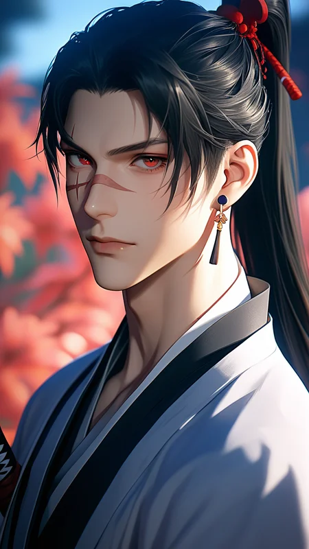 score_9, score_8_up, score_7_up, i want the whole image to be created in 3D anime style, solo, long hair, looking at viewer, black hair, red eyes, 1boy, jewelry, closed mouth, upper body, ponytail, weapon, male focus, earrings, outdoors, japanese clothes, sword, kimono, mole, blurry, blurry background, scar, katana, scar on face, haori