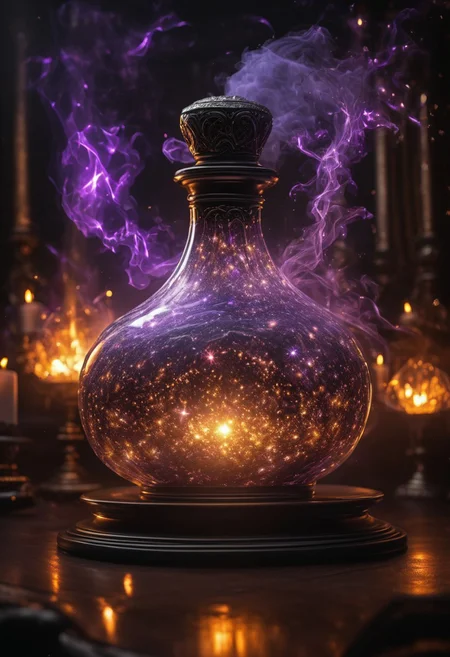 Score_9, Score_8_up, Score_7_up, Score_6_up, Score_5_up, Score_4_up, high_def, highest quality, 4k, best quality, masterpiece, focused, defined, (Photorealistic magic potion:1.3), intricate glass bottle, elixir, silvery colors, black and silver tones, bubbling, ethereal light, flashy lights, magic lights, luminous, dynamic reflections, magical aura, highly detailed, fantasy essence, glowing particles, radiant aura, A3THER