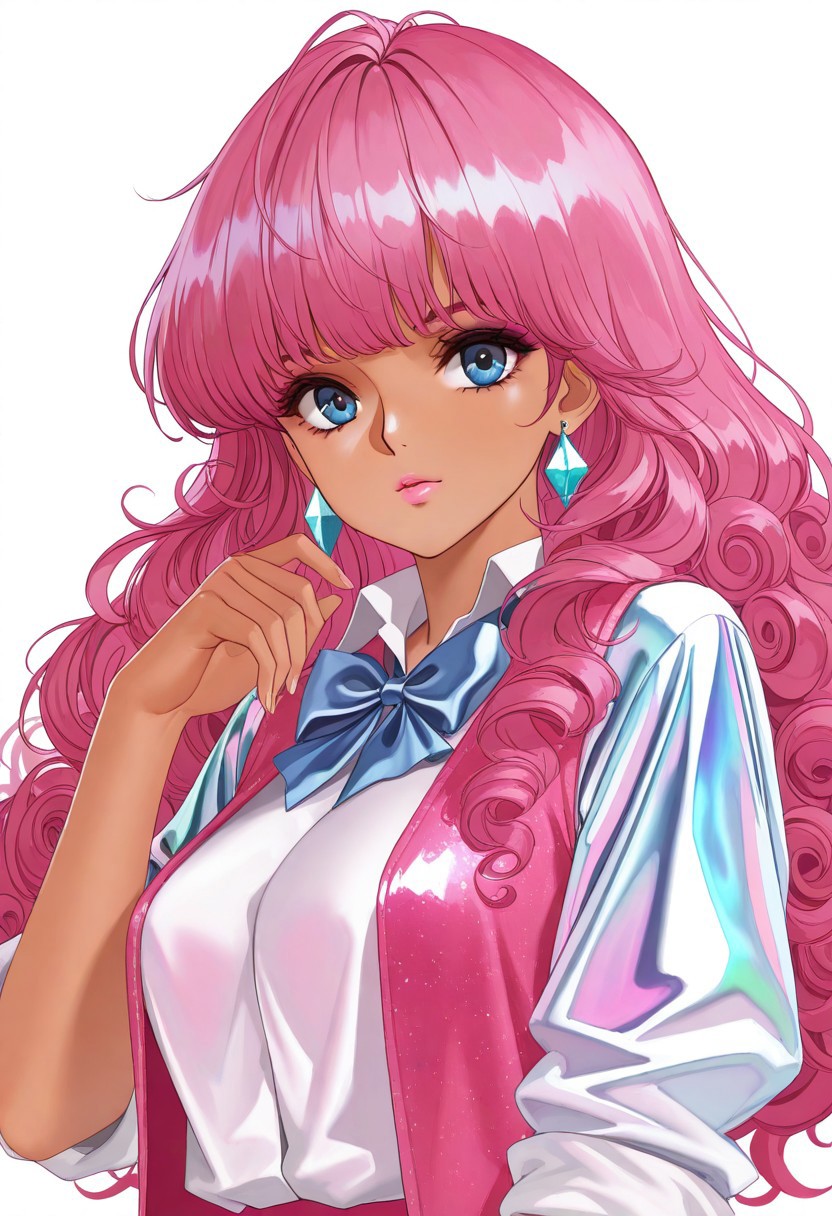 masterpiece, best quality, very aesthetic, absurdres, 
1girl, upper body, solo, raya \(jem and the holograms\), retro artstyle, 1980s \(style\), dark skin, dark-skinned female, blue eyes, pink hair, long hair, wavy hair, curly hair, bangs, makeup, pink lips, BREAK, 
earrings, iridescent clothes, blue bowtie, pink vest, open vest, collared shirt, white shirt, sleeves rolled up, sleeves past elbows, white background, 
az-ys-il,