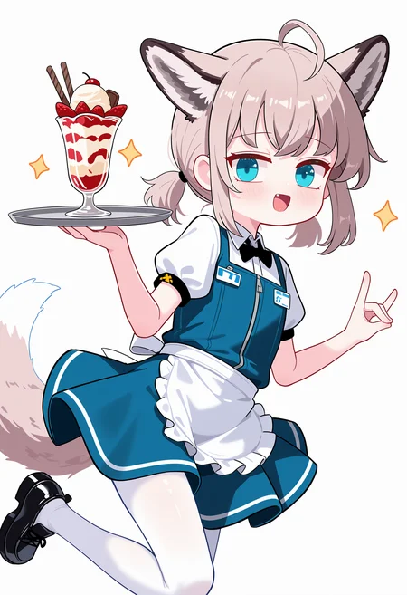 1girl, solo, tail, animal ears, sussurro \(arknights\), pantyhose, fox ears, white pantyhose, blue eyes, fox tail, ahoge, smile, white background, fox girl, holding, short twintails, looking at viewer, shoes, tray, black footwear, blue dress, simple background, short sleeves, open mouth, dress, shirt, parfait, apron, sparkle, standing on one leg, white shirt, waitress, twintails, holding tray, ice cream, blush, short hair, alternate costume, brown hair, food, extra ears, standing, :d, name tag, puffy sleeves, grey hair, frills, puffy short sleeves, fox shadow puppet <lora:None:1.0000000000000002> <lora:Sseopik_OMO:1.0000000000000002>