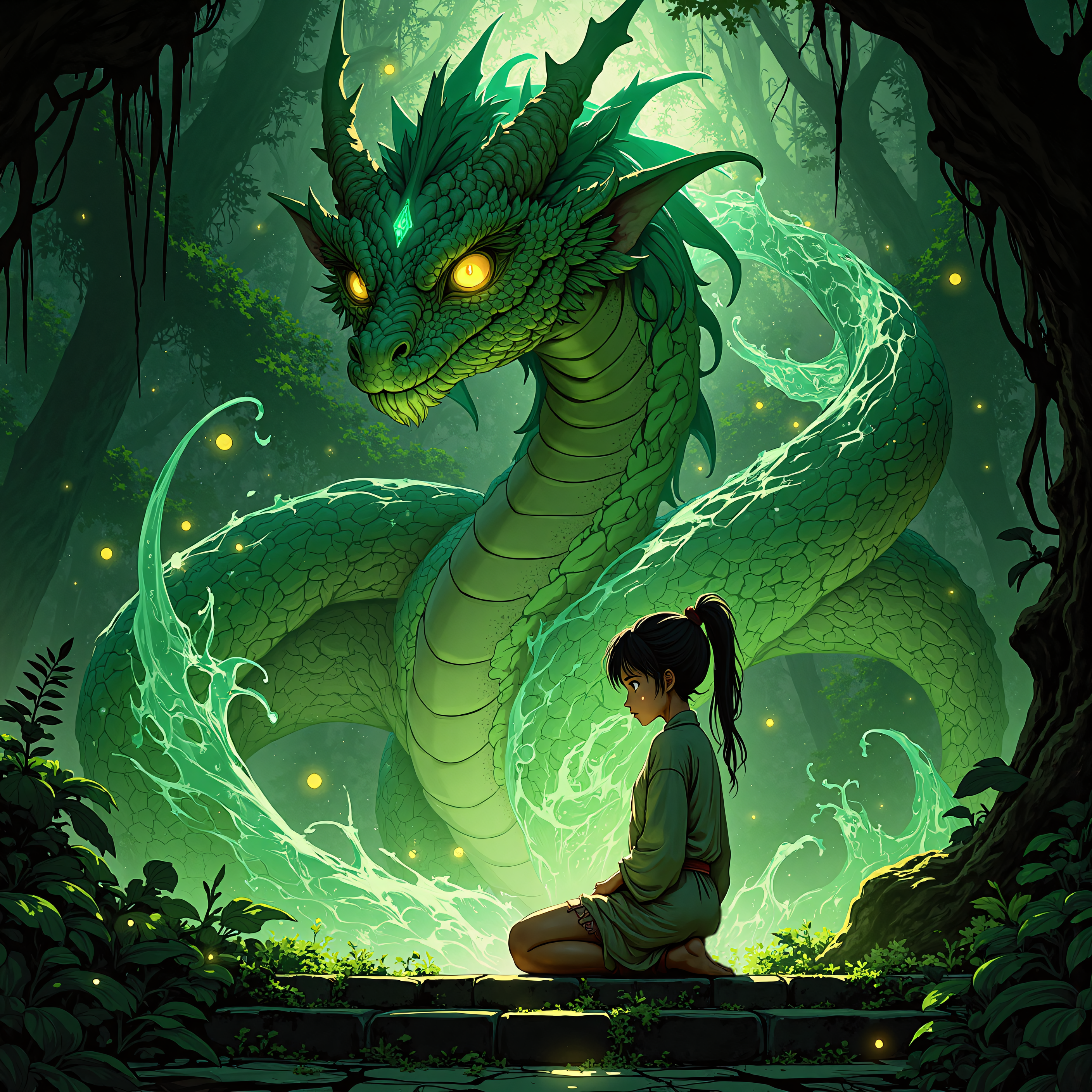 A barefoot child in ceremonial robes kneels on the steps of an ancient temple hidden in a jungle in a mystical fantasy style, where a massive jade-green dragon with serpentine coils and golden eyes rests behind them, its coiled body shimmering with ethereal runes as shadowy assassins creep from the treeline. The environment is lush and overgrown, filled with glowing fireflies and bioluminescent plants casting soft green and gold light. The dragon’s curling whiskers, glistening emerald scales, and the child’s serene, meditative expression as the dragon’s protective aura radiates outwards add to the scene’s mythical aura.