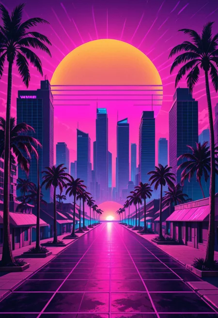 synthwave, neon lights, purple sky, pink horizon, palm trees, retro grid, glowing sun, 80s aesthetic, city skyline, vaporwave vibes