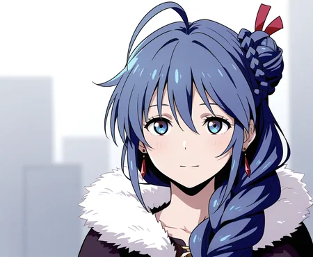 masterpiece, best quality, very aesthetic, absurdres, anime, detailed, detailed background, BREAK, phoena/(cc/),1girl,solo,blue eyes,blue hair,long hair,bangs,hair ornament,hair ribbon,hair between eyes,braid,single braid,hair bun,single hair bun,hair over shoulder,ahoge,earrings,hood,hood down,cloak,fur trim