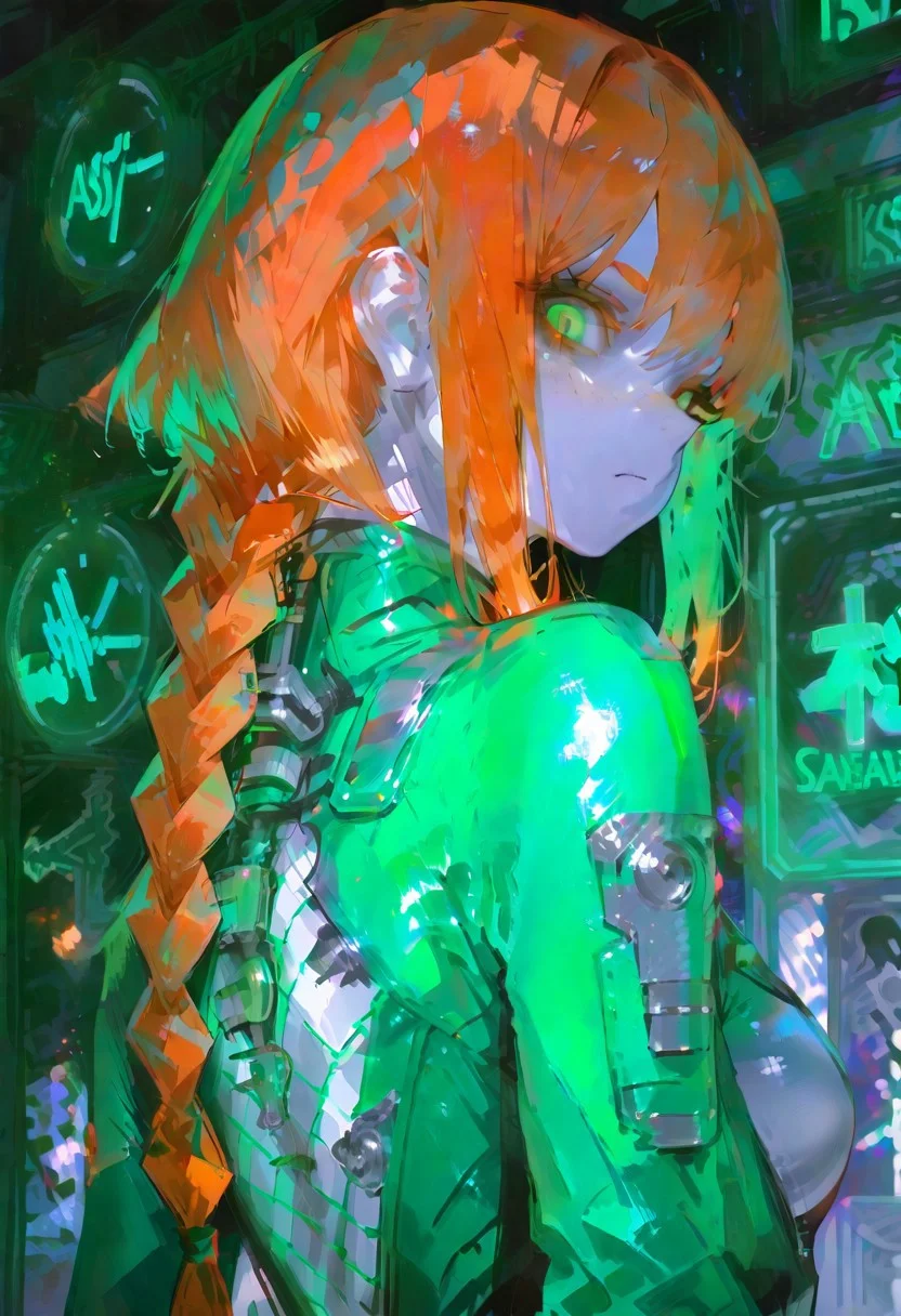 masterpiece, best quality, good quality, very aesthetic, absurdres, newest, english text, text focus, text, neon sign, glow, DO ANDROIDS DREAM OF BUZZ? (text), a dramatic extreme close-up of a woman's eyes, intense, looking back over her shoulder, emotional atmosphere, beautiful surprised woman, looking at viewer, (alert), (((pale skin))), orange hair, freckles, long braided hair, big green eyes, glowing green eyes, blacklight, (((skin-tight jumpsuit))), ((cybernetics)), ((fishnet clothing)), limited palette, colorful bokeh, blurred background, 748cmstyle, usnr