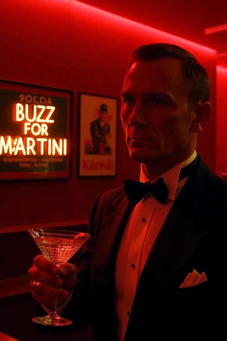 British spy James Bond in crisp tuxedo at Moscow luxury bar, Cold War era. Close-up shot of 007 elegantly sipping vodka martini, face partially illuminated by dramatic bar lighting. Soviet propaganda posters visible on red walls. Prominent vintage sign reading 'Buzz for Martini' in Cyrillic and English. Suspenseful atmosphere with shadowy KGB agents in background. Cinematic composition with rich contrast, vibrant reds and deep blacks. Hyperrealistic photography with film grain texture. Soviet brutalist architecture details, crystal glassware reflecting neon lights.