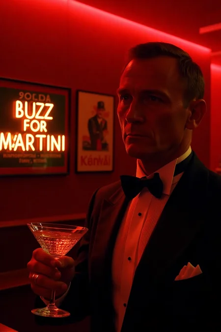 British spy James Bond in crisp tuxedo at Moscow luxury bar, Cold War era. Close-up shot of 007 elegantly sipping vodka martini, face partially illuminated by dramatic bar lighting. Soviet propaganda posters visible on red walls. Prominent vintage sign reading 'Buzz for Martini' in Cyrillic and English. Suspenseful atmosphere with shadowy KGB agents in background. Cinematic composition with rich contrast, vibrant reds and deep blacks. Hyperrealistic photography with film grain texture. Soviet brutalist architecture details, crystal glassware reflecting neon lights.