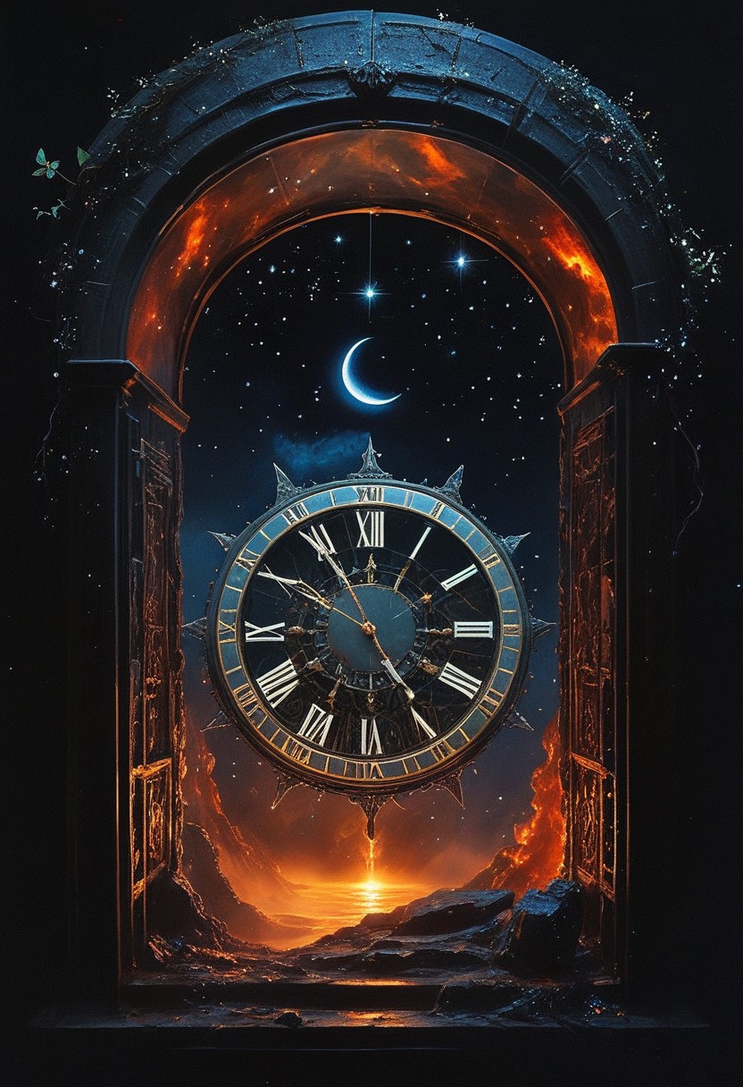 universe, (galaxy:0.5), (nebula:0.5), (stars:0.3)
BREAK
top- down, fantastical and surreal scene, closeup inside of an enormous ancient pocket_clock standing upright with its cover open revealing a magical portal, portal inside the clock, Through the portal is a breathtaking landscape unfolds, towering mountains, a cascading volcano, a steaming river winding through a burned forests, The edges of the pocket_clock are adorned with intricate glowing runes and vines, the clock resting on obsidian floor, mystical touch, illuminated by a crescent moon and twinkling stars, dreamlike and otherworldly atmosphere, sense of adventure and wonder, ((red-blue, artifact,
<lora:aidmaMTG-CardsXL-v0.1:1> ,mtg, mtg card)), view from above, 
(score_9, score_8_up:1.1), score_7_up, a fine color ink lineart sketch, (reflective volumetric), raytracing, absurdres, dark, low-key