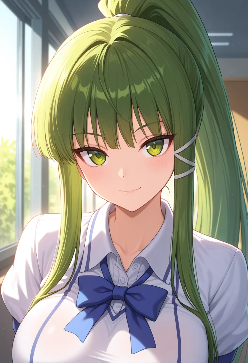 masterpiece, best quality, amazing quality, 1girl, solo, (portrait:1.2), eikoww, green eyes, green hair, long hair, very long hair, ponytail, sidelocks, hair ornament, large breasts, school uniform, white school shirt, looking at viewer, smile, indoors, day, skindentation, detailed clothing folds, depth of field, sharp, high contrast, dynamic light <lora:Teruya_Eiko_Ichiban_Ushiro_no_Daimaou_ill:0.9>