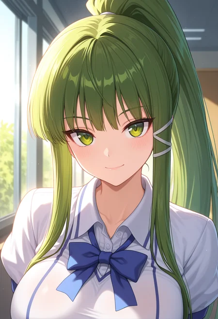 masterpiece, best quality, amazing quality, 1girl, solo, (portrait:1.2), eikoww, green eyes, green hair, long hair, very long hair, ponytail, sidelocks, hair ornament, large breasts, school uniform, white school shirt, looking at viewer, smile, indoors, day, skindentation, detailed clothing folds, depth of field, sharp, high contrast, dynamic light <lora:Teruya_Eiko_Ichiban_Ushiro_no_Daimaou_ill:0.9>