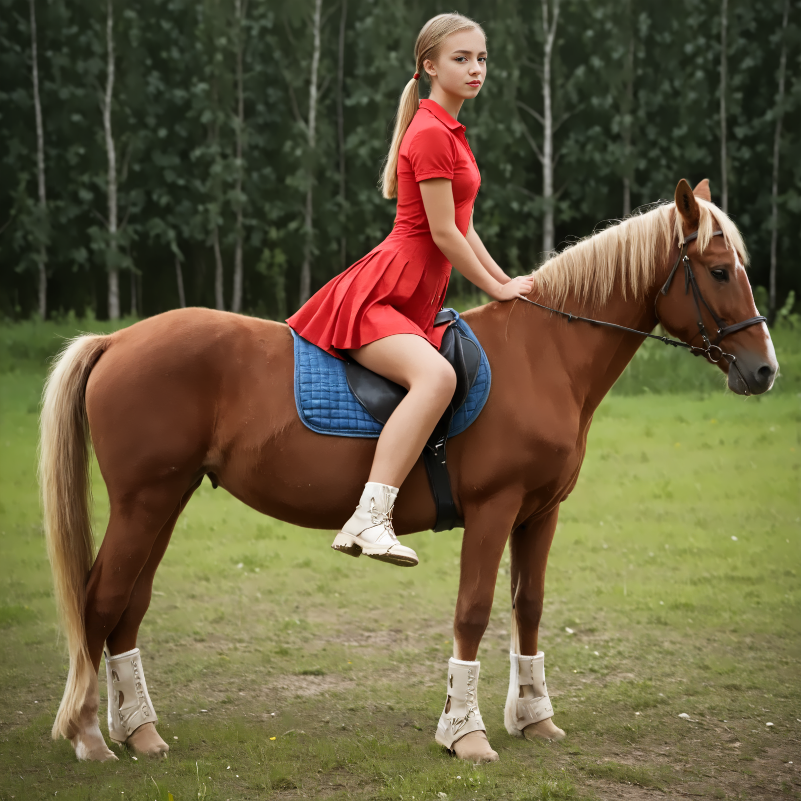 RiHorse, side_view++ (slim 25yo girl) riding a  horse. The girl wears red short skirt and red shirt. The girl has short blonde ponytail  <lora:RideHorse:1>