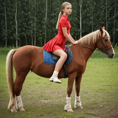 RiHorse, side_view++ (slim 25yo girl) riding a horse. The girl wears red short skirt and red shirt. The girl has short blonde ponytail <lora:RideHorse:1>