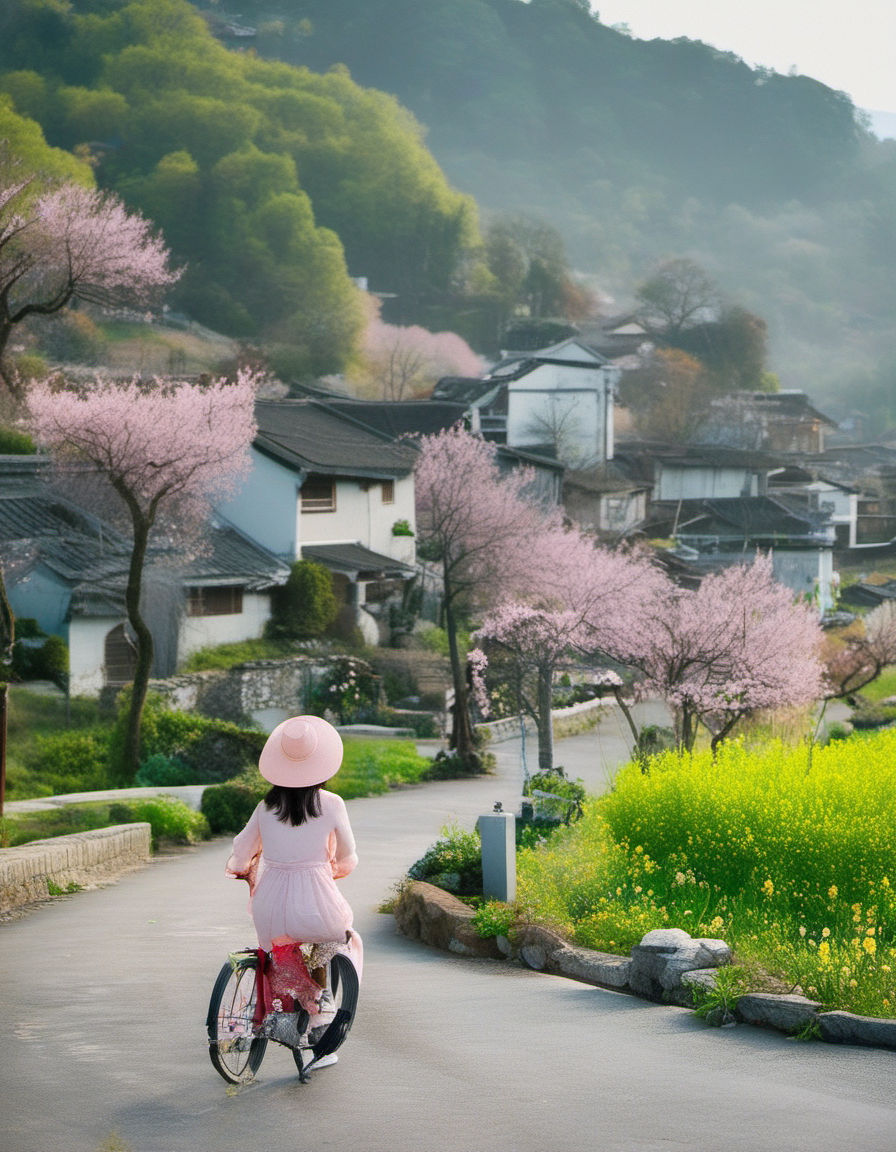 XLCNYoucaiHK,A vibrant photograph captures a serene scene in a Japanese countryside. A woman in a pink dress and wide-brimmed hat rides a bicycle along a winding road, surrounded by blooming cherry blossoms and bright yellow flowers. Traditional Japanese houses with tiled roofs and lush greenery fill the background, with distant mountains under a cloudy sky.
<lora:20250330-1743320668957:0.8>,