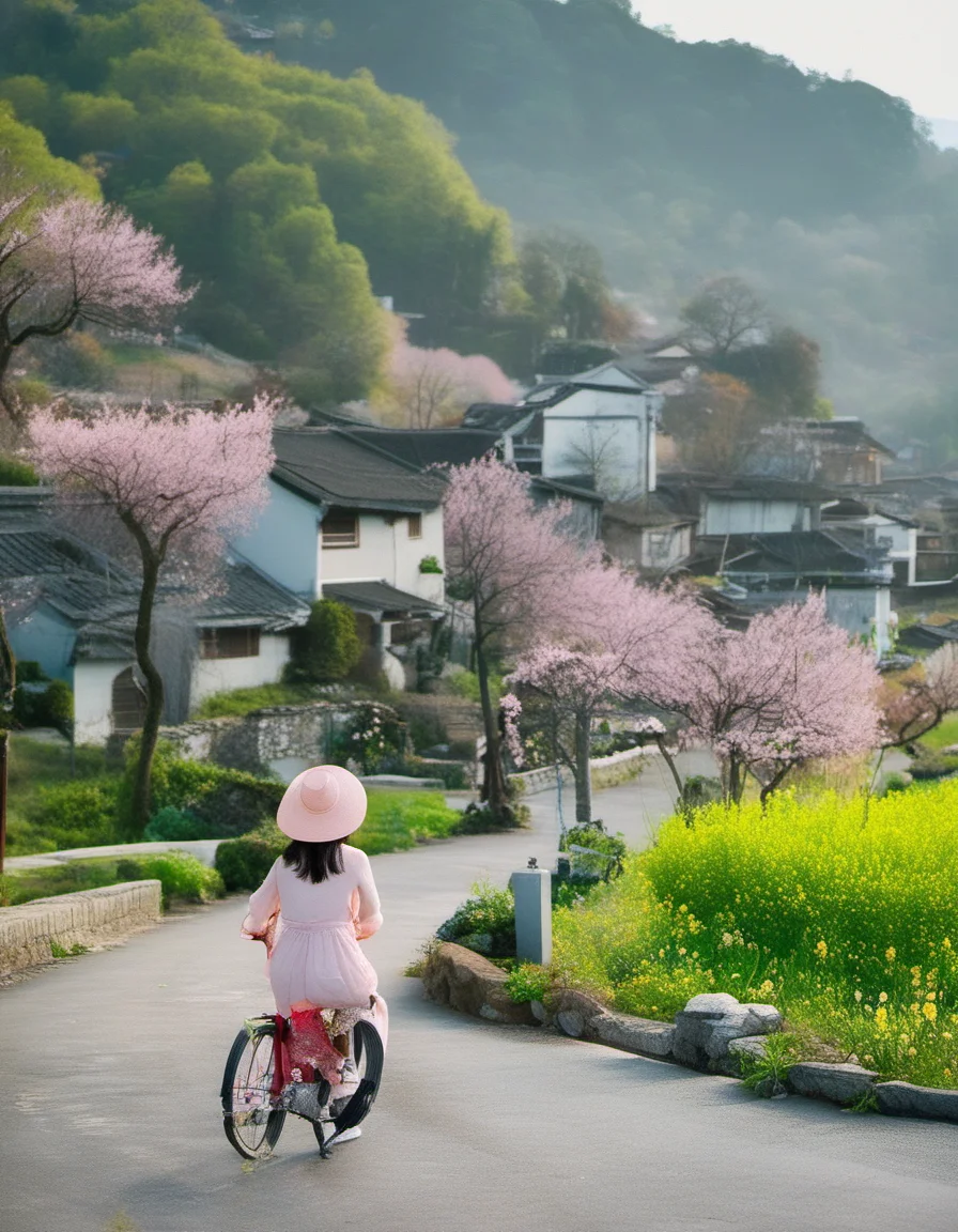 XLCNYoucaiHK,A vibrant photograph captures a serene scene in a Japanese countryside. A woman in a pink dress and wide-brimmed hat rides a bicycle along a winding road, surrounded by blooming cherry blossoms and bright yellow flowers. Traditional Japanese houses with tiled roofs and lush greenery fill the background, with distant mountains under a cloudy sky.
<lora:20250330-1743320668957:0.8>,
