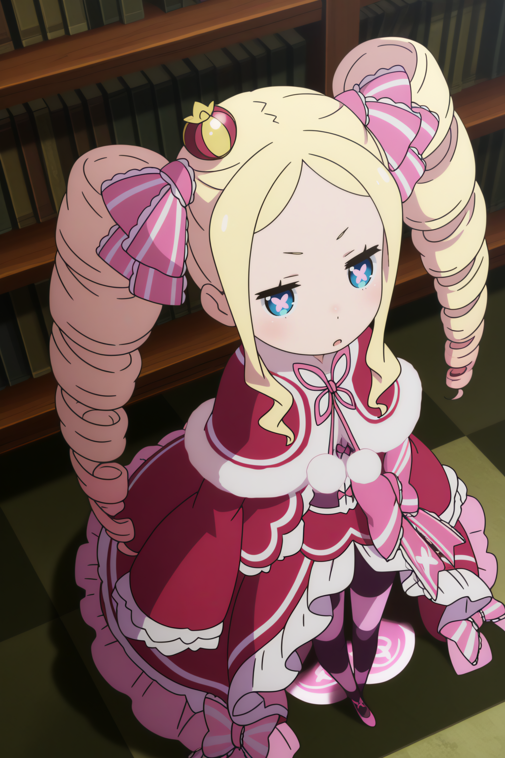 anime coloring, very aesthetic, masterpiece, perfect composition,  beatrice_\(re:zero\), twin drills, depth of field, symbol-shaped pupils, library, from above   <lora:Beatrice-illu:0.8>