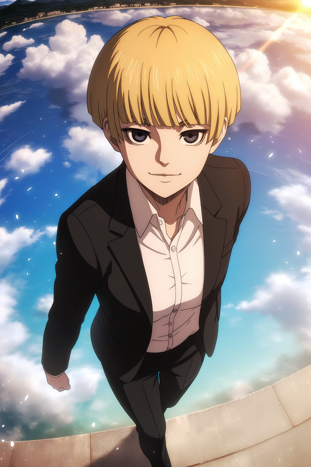 masterpiece, best quality, amazing quality, outdoors
BREAK 1 girl, solo, yelena, blonde hair, dark blue eyes, short hair, bowl cut, formal, white shirt,
, black pants, black jacket, smile, looking at viewer, view from above
High resolution, white particles behind, sun reflection, clouds