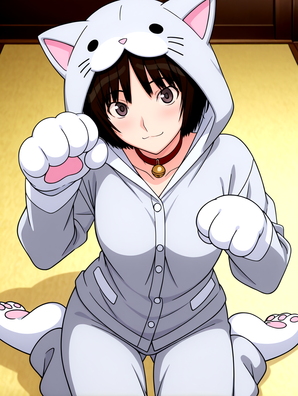 masterpiece,best quality,newest,absurdres,highres,detailed eyes,beautiful,detailed background,perfect eyes,anime coloring,anime screencap,
nsfw,explicit,<lora:add-detail-xl:1>,<lora:ponyv4_noob1_2_adamW-000017:0.8>,wear clothes,
1girl,solo,
looking at viewer,
<lora:IL-AMAGAMI-TACHIBANA-MIYA-09:1>,1girl,solo,il-tachibana-miya,amagami,cat paws,neko ear hood pajamas,paw pose,paw shoes,neck bell on pajama,grey pajama,