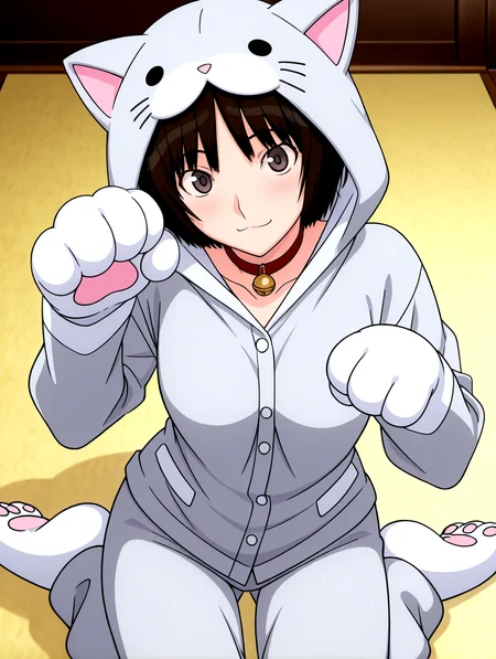 masterpiece,best quality,newest,absurdres,highres,detailed eyes,beautiful,detailed background,perfect eyes,anime coloring,anime screencap,
nsfw,explicit,<lora:add-detail-xl:1>,<lora:ponyv4_noob1_2_adamW-000017:0.8>,wear clothes,
1girl,solo,
looking at viewer,
<lora:IL-AMAGAMI-TACHIBANA-MIYA-09:1>,1girl,solo,il-tachibana-miya,amagami,cat paws,neko ear hood pajamas,paw pose,paw shoes,neck bell on pajama,grey pajama,