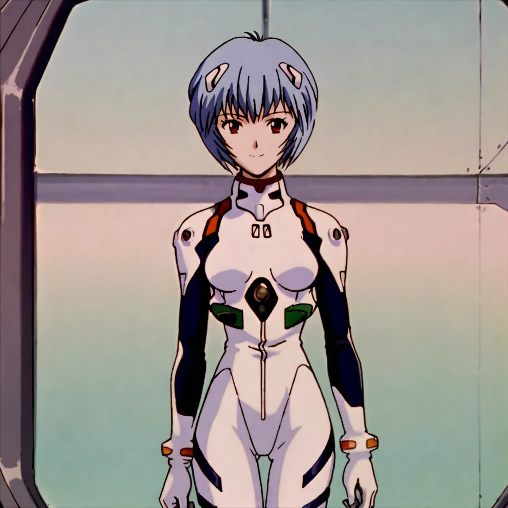 <lora:reinge_pony_v1:.8> ReiNGEPlugsuit, 1girl, white bodysuit, plugsuit, ayanami rei, blue hair, red eyes, short hair, pilot suit, interface headset, turtleneck, breasts, bracer, bangs, headgear, light smile, thigh gap, cowboy shot