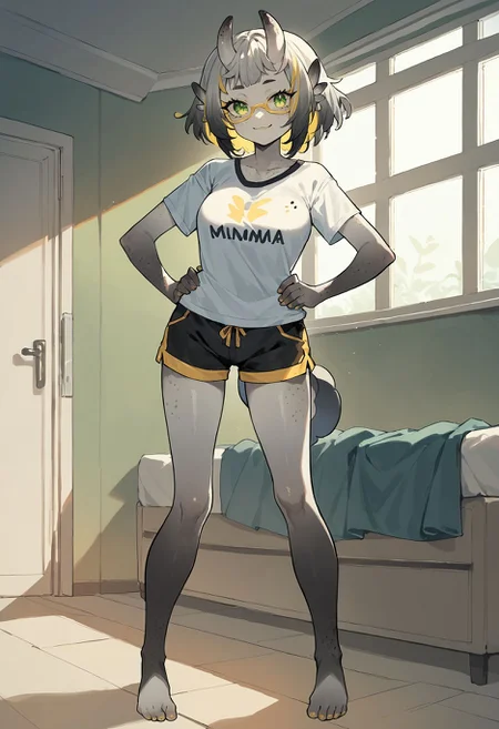 score_9, score_8_up, score_7_up
1girl, looking at viewer, smile, indoors, full body, hands on hips
<lora:JorunnaV-2:1>
gradient skin, black skin
jorunnav, horns, yellow-framed eyewear, green eyes, grey skin, freckles, body freckles, mole on breast
black miniskirt
tail
t-shirt, shorts, barefoot