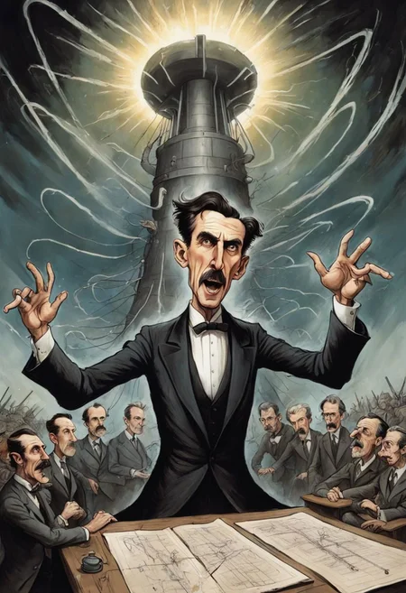 Rough hand-drawn caricature of a {Nikola Tesla conducts the Tunguska experiment, 1908s, the era of the development of electricity}, absurdly grotesque features with a humorous twist by (Ralph Steadman:1.36), detailed background, minimalist, clear body and facial contours, trending on artstation, best quality, 4k textures, ultra detailed