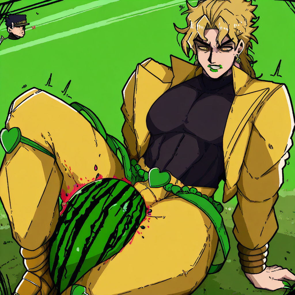 masterpiece, best quality, newest, absurdres, highres, mark_gavatino, mark gavatino style, 1boy, dio brando \(jojo no kimyou na bouken\), blonde, green lipstick, long fingernails, green lips, jewelry, yellow eyes, yellow jacket, black shirt, WMC-V1.0, Watermelon, between thighs,