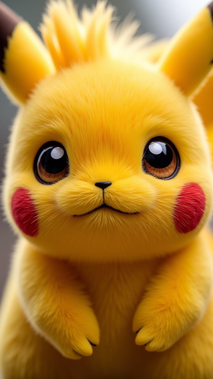 A close-up medium shot of a Pikachu with a creative mane, its eyebrows filled with wisdom and power. detailmaximizer