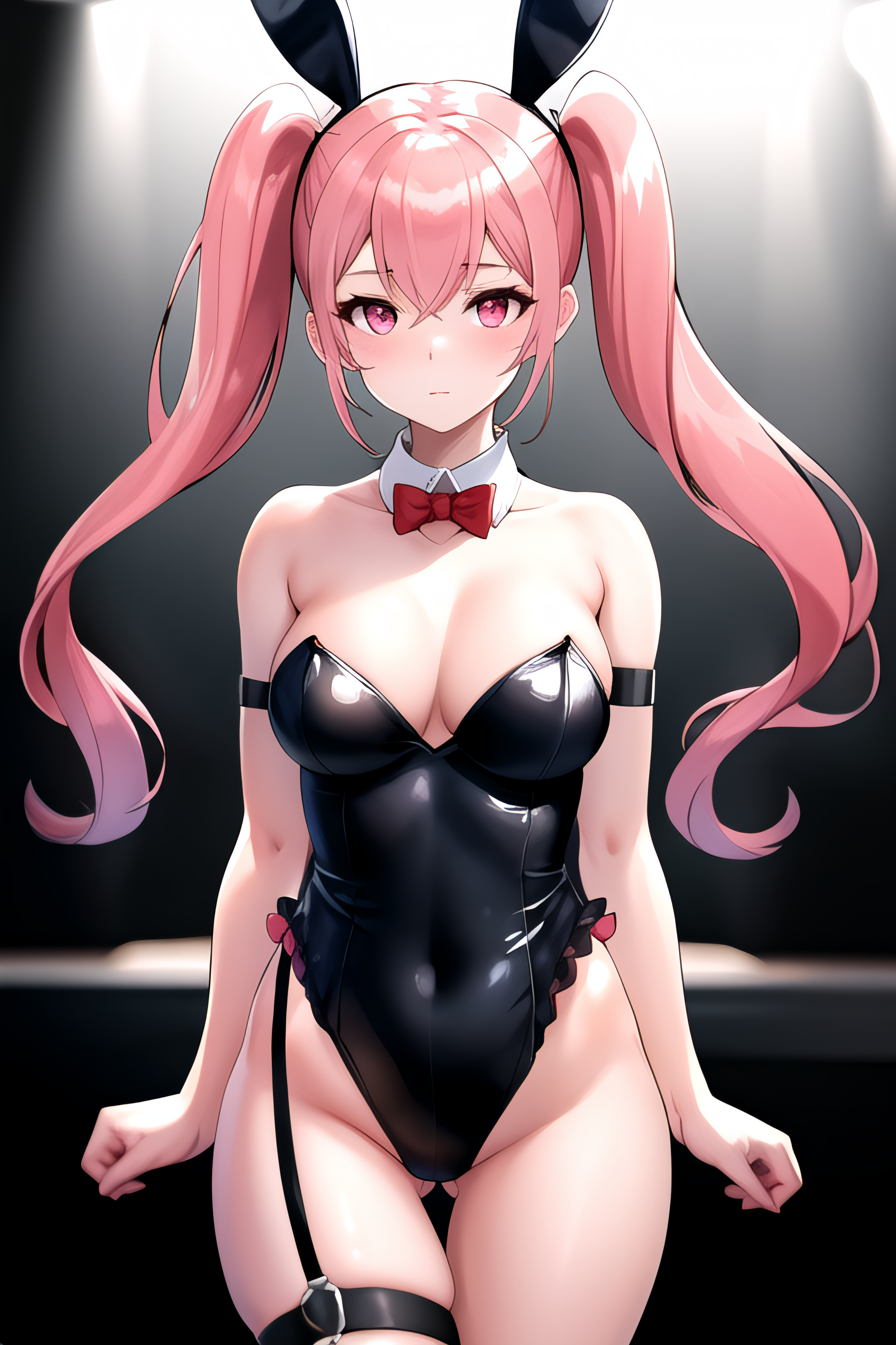 <lora:ellie:1>,((ellie:1.4)), pink hair, pink eyes, long hair, twintails, bangs,  cowboy shot,, (((masterpiece, best quality, ultra-detailed, ray tracing))), deph of field, (perfect face, detailed face),shiny eyes, fair skin,((high quality face, soft skin )), (collarbone, cinematic light, cinematic shadow),, animal ears, (arm strap), ass visible through thighs, black bow, black bra, black leotard, blonde hair, bow, bowtie, bra, breasts, breasts apart, closed mouth, covered navel, crossed bangs, detached collar, expressionless, fake animal ears, (frilled leotard:1.5), (frills:1.2), garter straps,  hair bow, hair intakes, leotard, long hair, looking at viewer, playboy bunny, rabbit ears, red bow, red bowtie, straight-on, thigh gap,