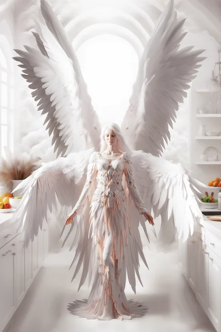 beautiful angel woman standing in kitchen, long feather dress, feather wings, angelic creature, biblically accurate angel, biblaccurang,
<lora:biblaccurang_lora_sdxl:0.9>