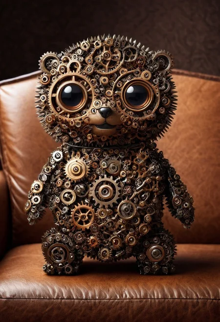 masterpiece, best quality, absurdres, cute mechanized chibi animal made out of gears, cute eyes, comy sofa background