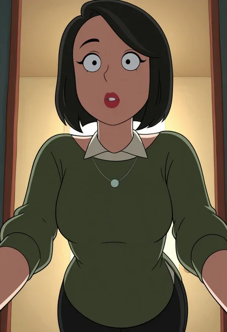 mrsparkILL, 1girl, solo, mature female, black hair, short hair, green sweater, jewelry, necklace, black eyes, red lipstick, bangs, masterpiece, best quality, newest, absurdres, highres, amazing quality, 4k, good lighting, high resolution, dynamic angle, foreshortening, 1girl, solo